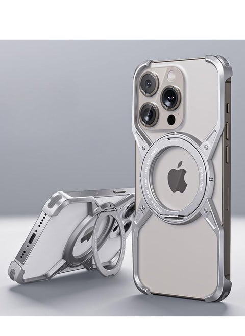 Metal Case for IPhone 16 Pro Max (2024),Aluminum Alloy Hollow Phone Case with 360° Magnetic Ring Stand,Compatible with Car Mount & Wireless Charging,Anti-fall Protective Cover (Silver)