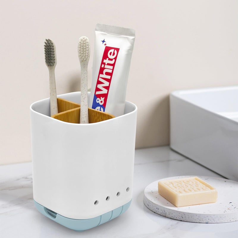 Scartink Toothbrush Holder with Bamboo Divider,Detachable for Easy Cleaning Bathroom Countertop Organizer,Plastic 3 Slots Electric Toothbrush and Toothpaste Holders Storage Caddy for Bathroom Vanity,Sink-Blue - Image 2
