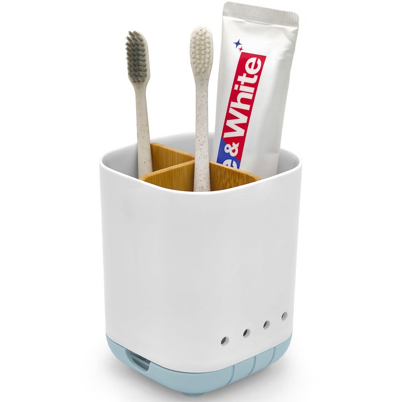 Scartink Toothbrush Holder with Bamboo Divider,Detachable for Easy Cleaning Bathroom Countertop Organizer,Plastic 3 Slots Electric Toothbrush and Toothpaste Holders Storage Caddy for Bathroom Vanity,Sink-Blue - Image 1