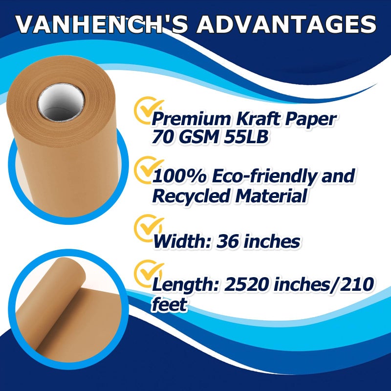 Vanhench 36"x 2520" (210') Brown Kraft Paper Roll for Bulletin Board Paper Craft Gift Wrapping Birthday Art Bouquet Flower Poster Shipping Packing Table Covering Moving Supplies, 70GSM 50LB - Image 2