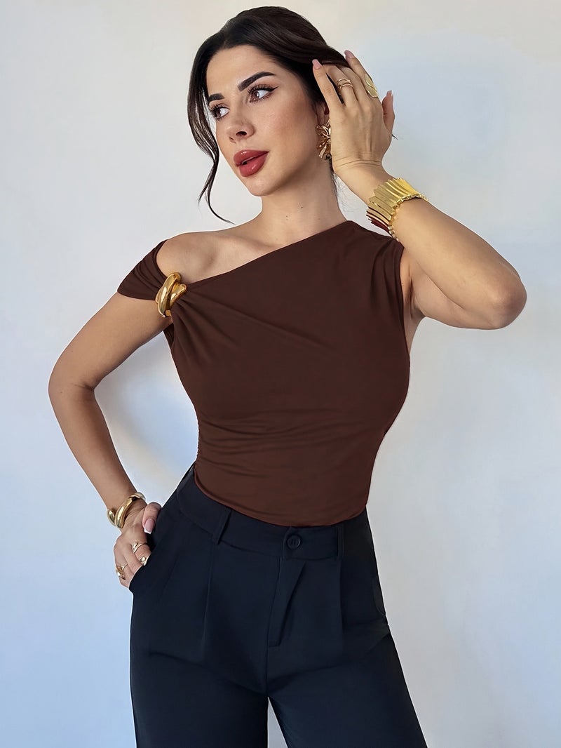 Women's Casual and Elegant Asymmetrical Shoulder T - Shirt with Metal Decoration, Model BK251224071 - Suitable for Outings, Parties, and Other Occasions \u002F Women's Autumn Apparel... - Image 3