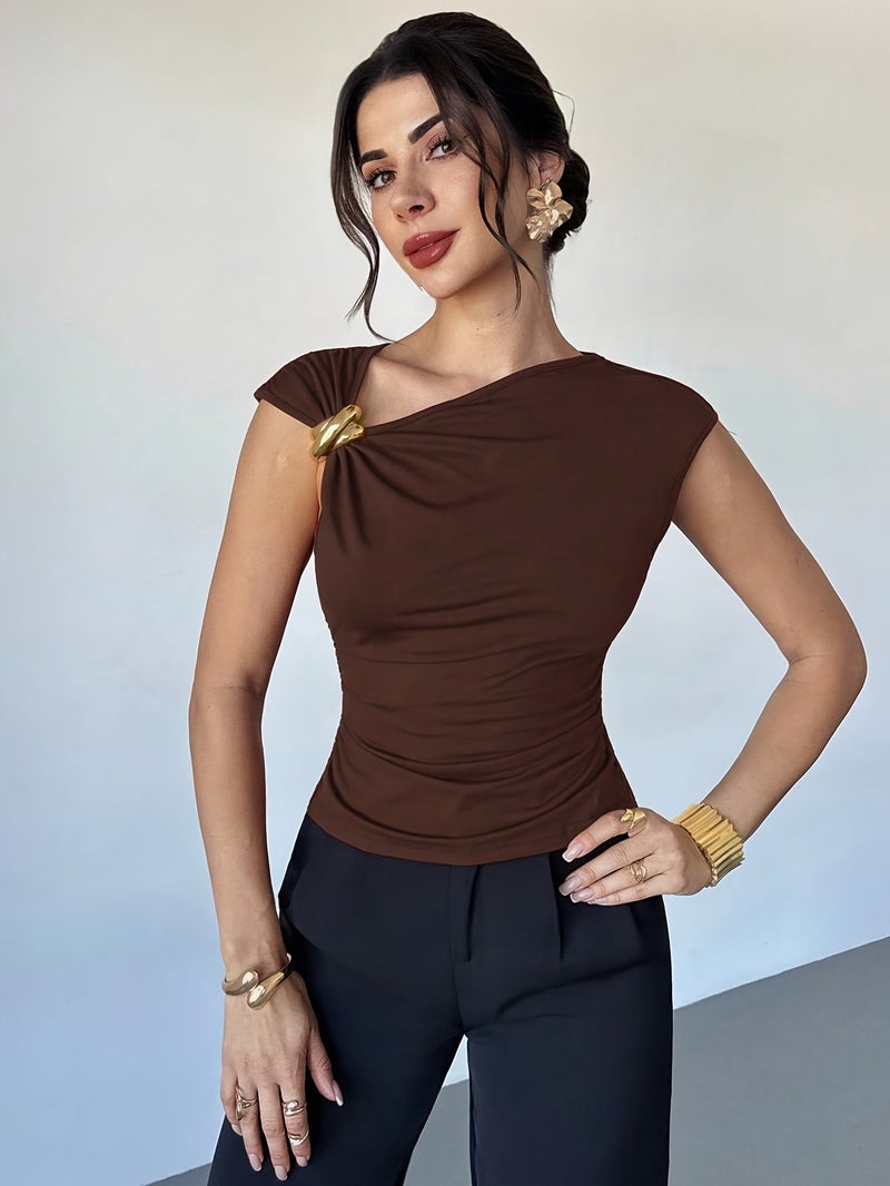 Women's Casual and Elegant Asymmetrical Shoulder T - Shirt with Metal Decoration, Model BK251224071 - Suitable for Outings, Parties, and Other Occasions \u002F Women's Autumn Apparel... - Image 5