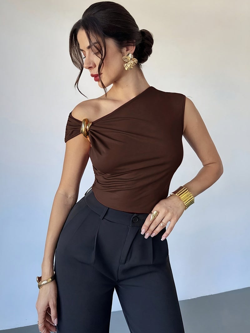 Women's Casual and Elegant Asymmetrical Shoulder T - Shirt with Metal Decoration, Model BK251224071 - Suitable for Outings, Parties, and Other Occasions \u002F Women's Autumn Apparel... - Image 4