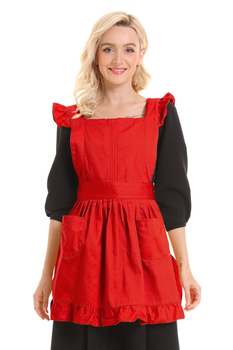 LilMents Retro Adjustable Ruffle Apron Kitchen Cooking Baking Cleaning Maid Costume (Red) - Image 2