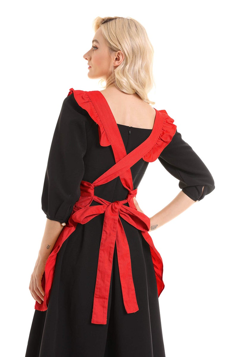 LilMents Retro Adjustable Ruffle Apron Kitchen Cooking Baking Cleaning Maid Costume (Red) - Image 4