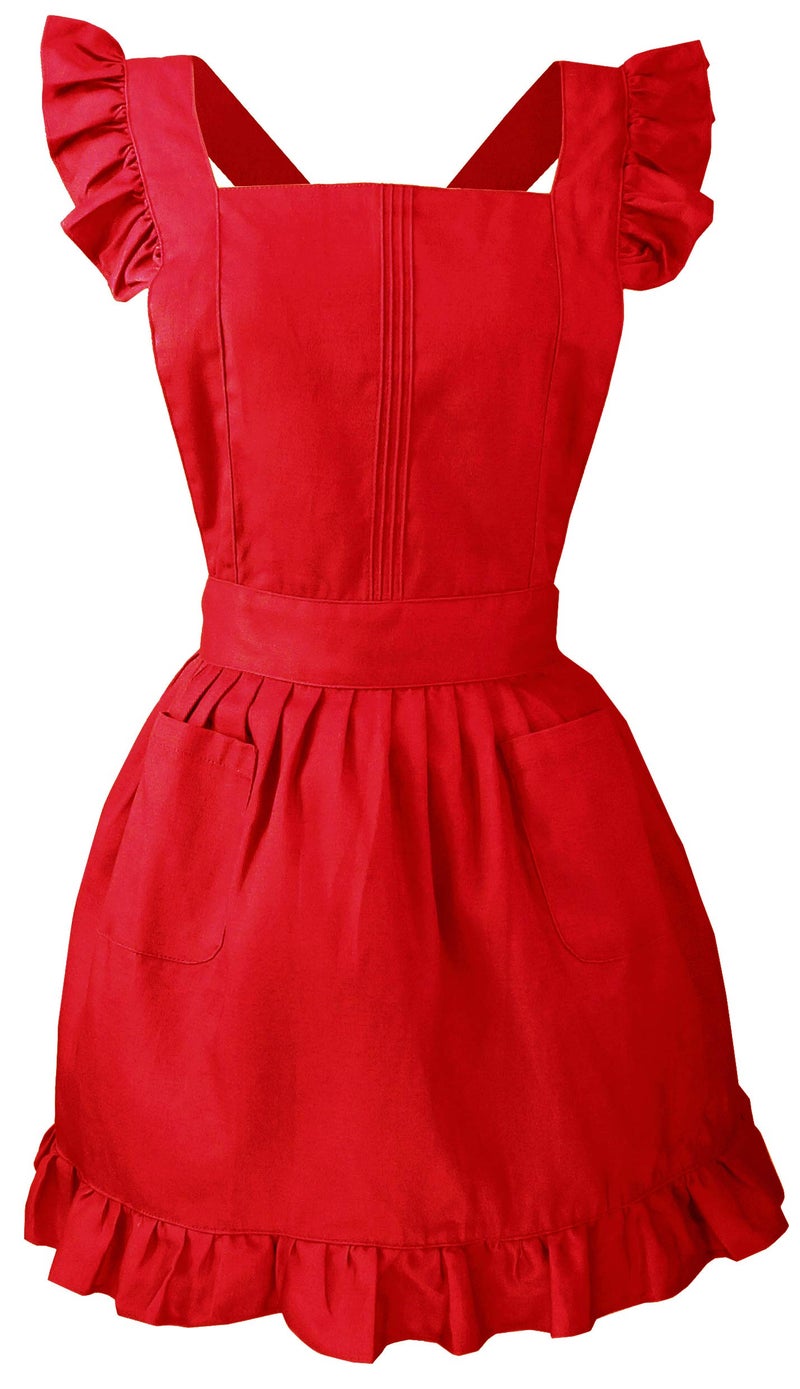 LilMents Retro Adjustable Ruffle Apron Kitchen Cooking Baking Cleaning Maid Costume (Red) - Image 1