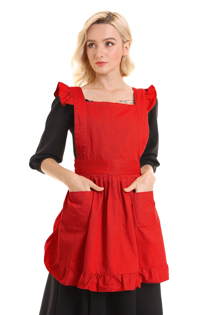 LilMents Retro Adjustable Ruffle Apron Kitchen Cooking Baking Cleaning Maid Costume (Red) - Image 3
