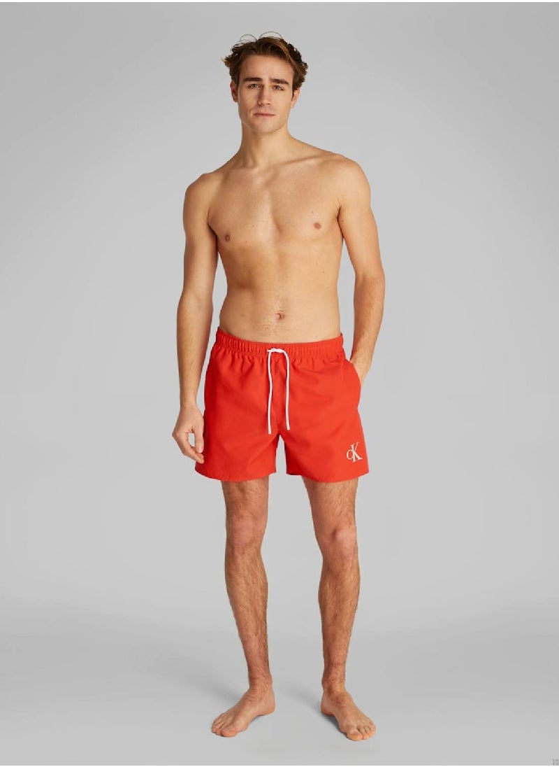 Calvin Klein Jeans Men's Medium Drawstring Swim Shorts - CK Monogram - Polyester, Red  - Image 3