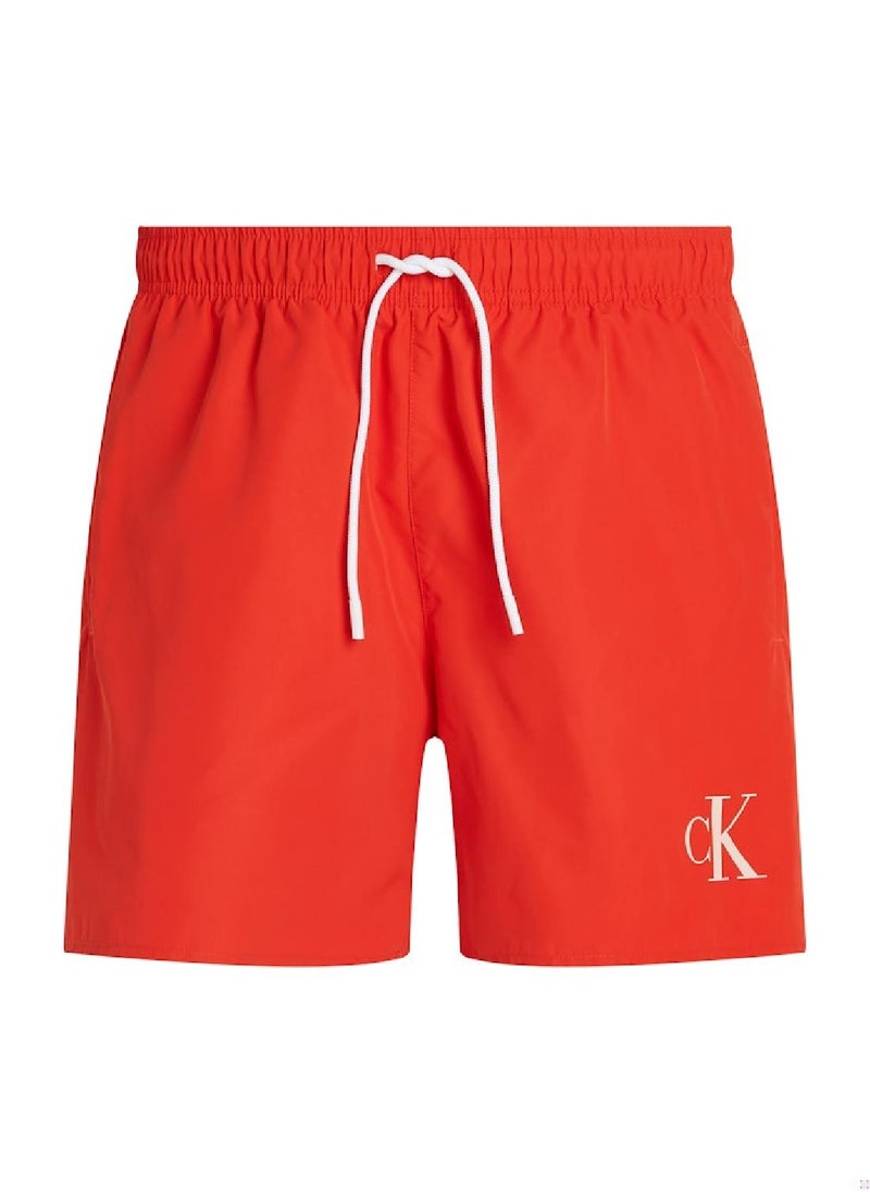 Calvin Klein Jeans Men's Medium Drawstring Swim Shorts - CK Monogram - Polyester, Red  - Image 2