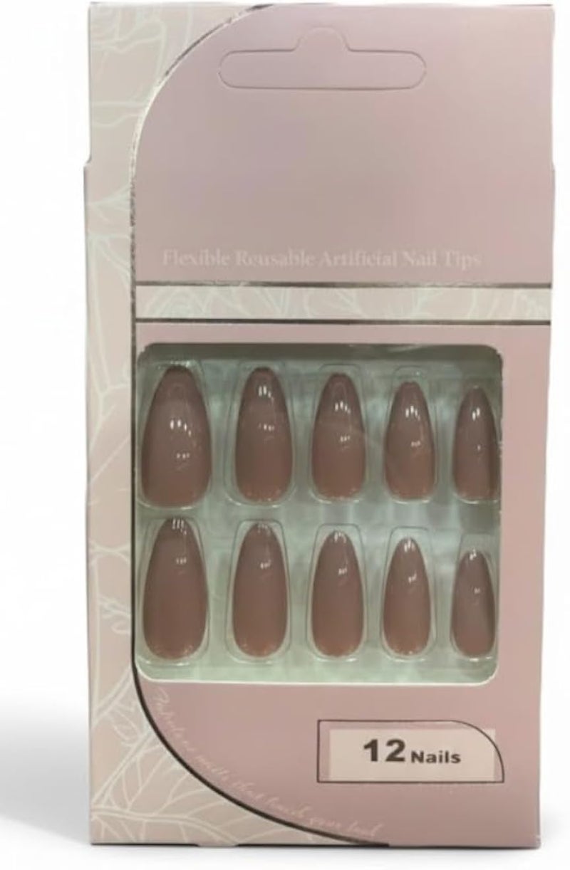12 pc Press on Nails Medium Fake Nail Tips Nude Acrylic Nails Press ons Nail Almond Short Stiletto False Nail French Artificial with one sheet double face -07