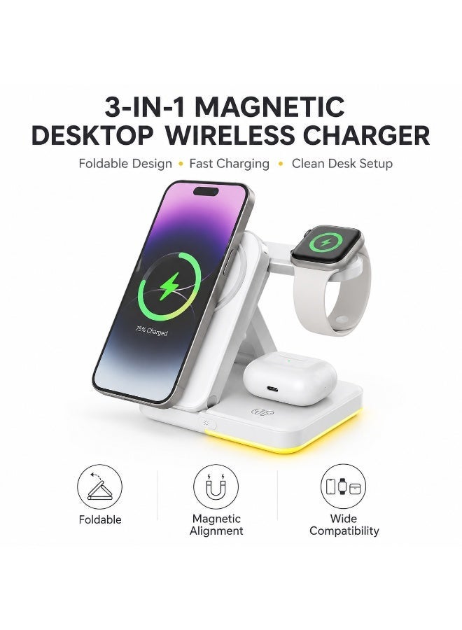 3 in 1 Magnetic Foldable Wireless Charger Station | Fast Charging for iPhone, Apple Watch & AirPods | Portable Travel Design with LED Light