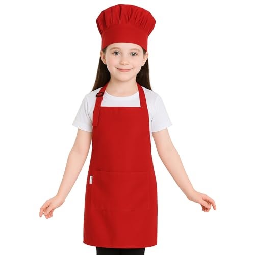 uniformer Kids Apron with Chef Cap for Cooking, Baking, Painting Art & Crafts | Adjustable Child Apron with 2 Pockets | Great for Kitchen, School (Red_Pack of 1) - Image 1
