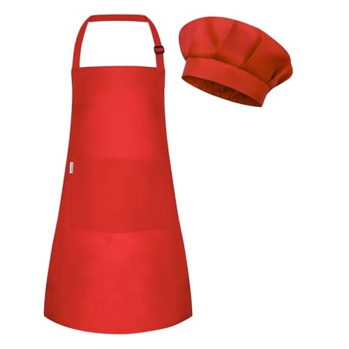 uniformer Kids Apron with Chef Cap for Cooking, Baking, Painting Art & Crafts | Adjustable Child Apron with 2 Pockets | Great for Kitchen, School (Red_Pack of 1) - Image 2