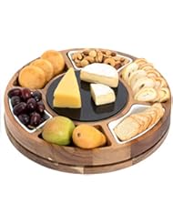 Shanik Cheese Board Set, Round Acacia Charcuterie Board, Cheese Serving Platter with Slide-Out Drawer, 2 Sided Marble - Image 1