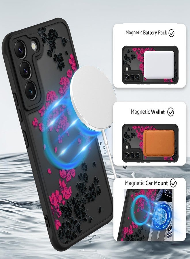 OOK Case Fit for Samsung Galaxy S22 6.2 Inch (Compatible with MagSafe) Hot Pink Floral Flowers Design Translucent Phone Cover Soft TPU + Hard PC Anti-Scratch Shockproof Magnetic Case for Women - Image 2