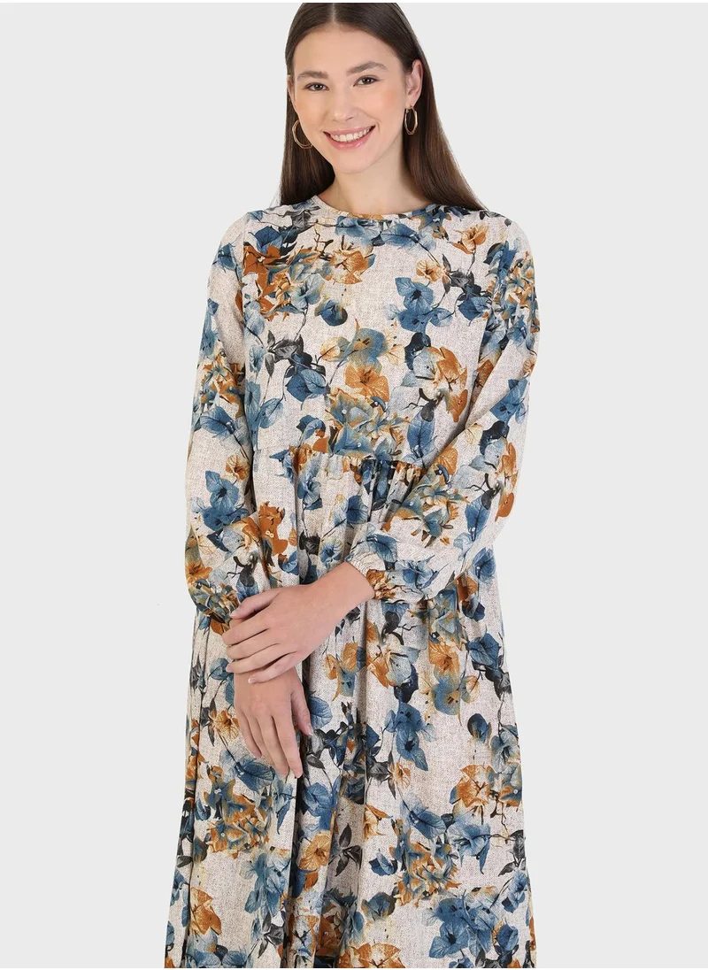 Tavin by Modanisa Balloon Sleeve Floral Print Dress