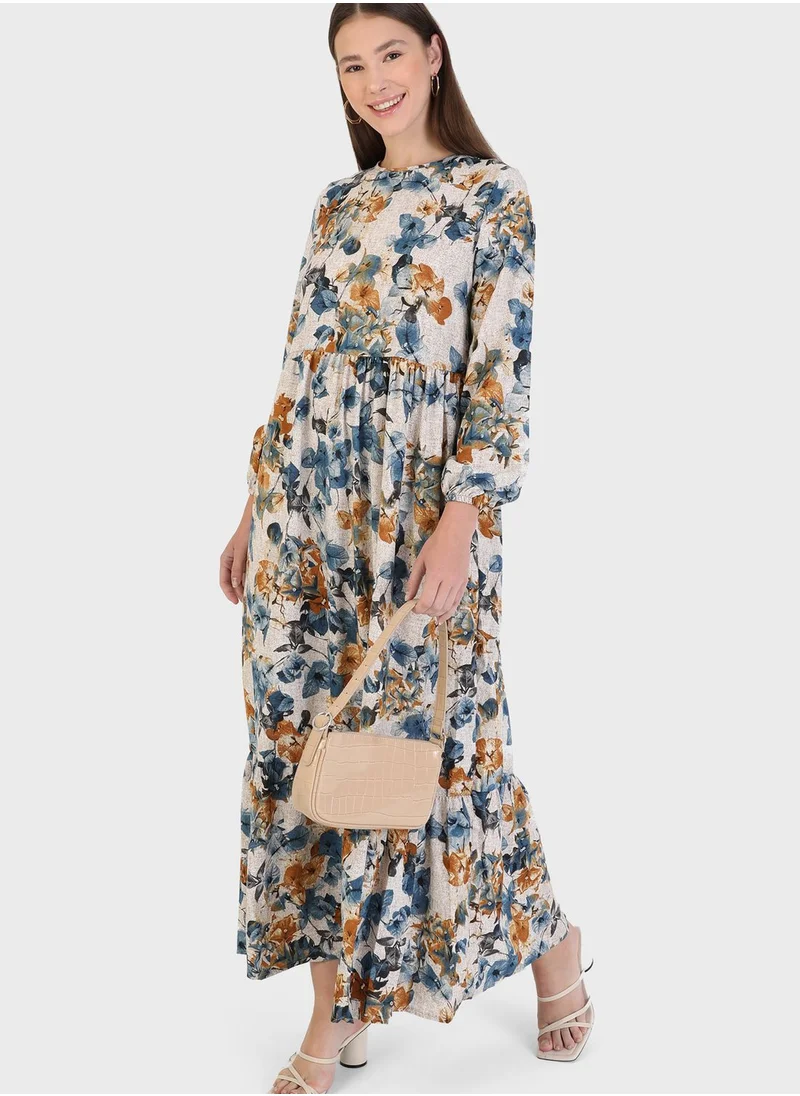 Tavin by Modanisa Balloon Sleeve Floral Print Dress