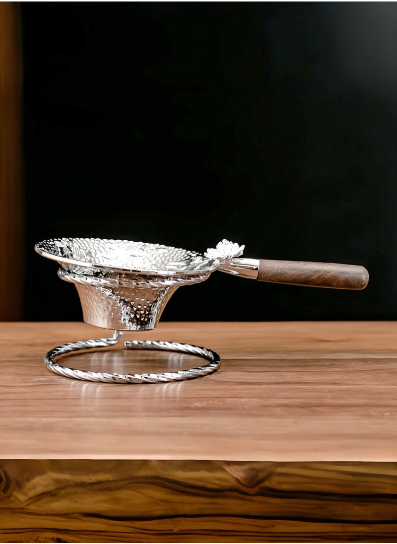 Generic Chinese Style Silver Tea Strainer with Koi Fish and Lotus Flower Carvings Wooden Handle and Base  - Image 1