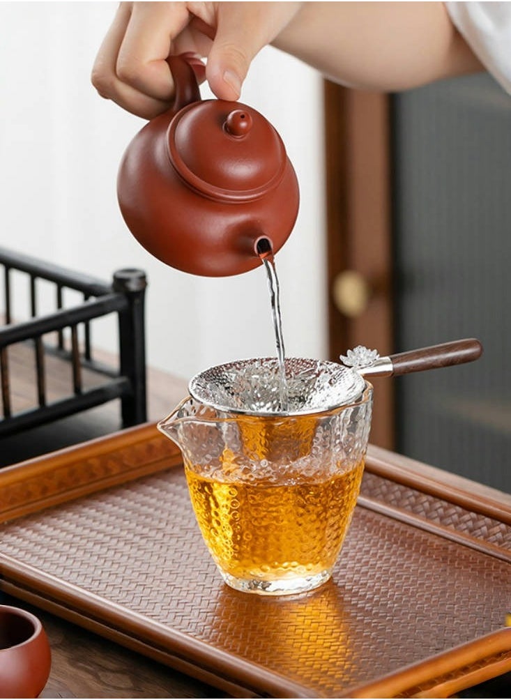 Generic Chinese Style Silver Tea Strainer with Koi Fish and Lotus Flower Carvings Wooden Handle and Base  - Image 2