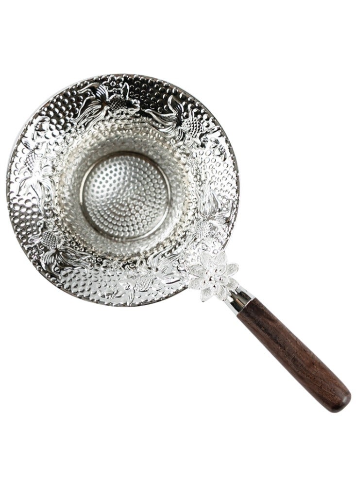 Silver Tea Infuser Tea Strainer Tea Leaf Filter with Koi Fish and Lotus Flower Carvings Wooden Handle and Base - Image 4