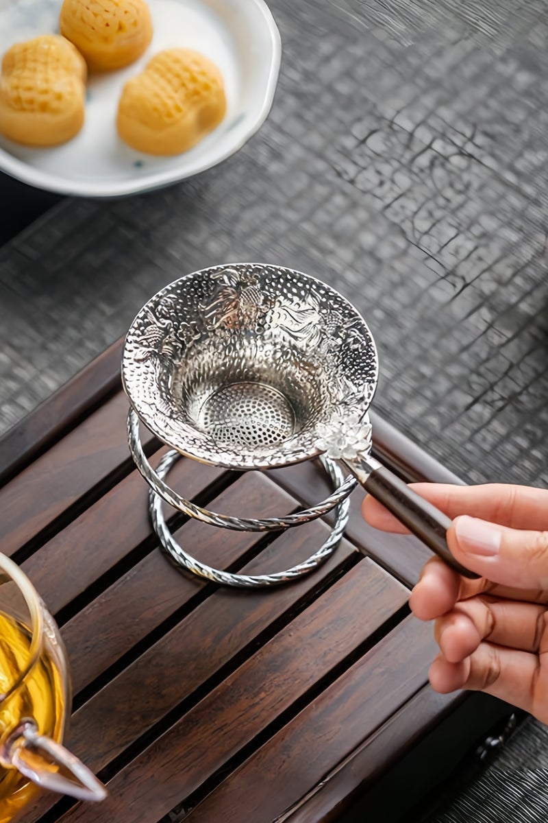 Silver Tea Infuser Tea Strainer Tea Leaf Filter with Koi Fish and Lotus Flower Carvings Wooden Handle and Base - Image 1