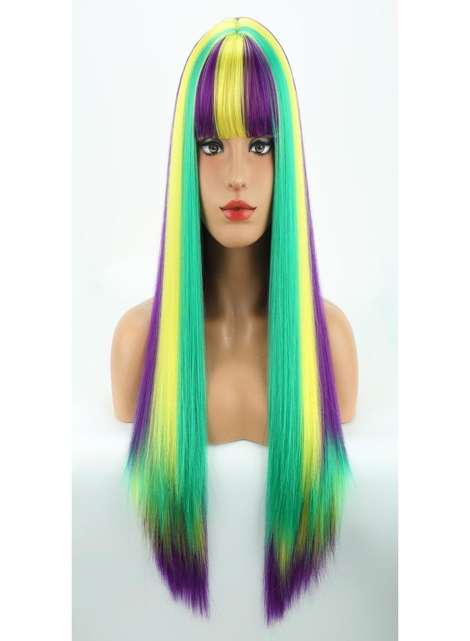 MAGQOO Mardi Gras Wig Purple Green Yellow Wigs for Women Girls Long Straight Purple Blonde Green Wig with Bangs Cosplay Costume Halloween Party - Image 1
