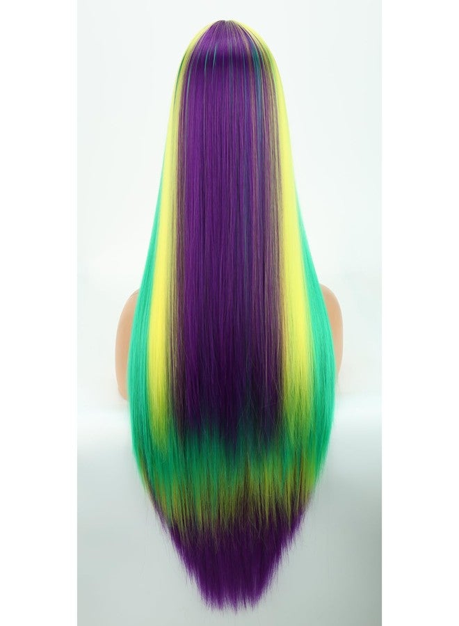MAGQOO Mardi Gras Wig Purple Green Yellow Wigs for Women Girls Long Straight Purple Blonde Green Wig with Bangs Cosplay Costume Halloween Party - Image 4