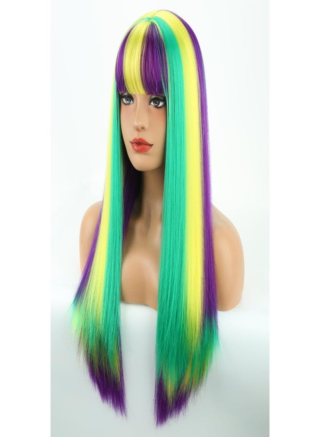 MAGQOO Mardi Gras Wig Purple Green Yellow Wigs for Women Girls Long Straight Purple Blonde Green Wig with Bangs Cosplay Costume Halloween Party - Image 3