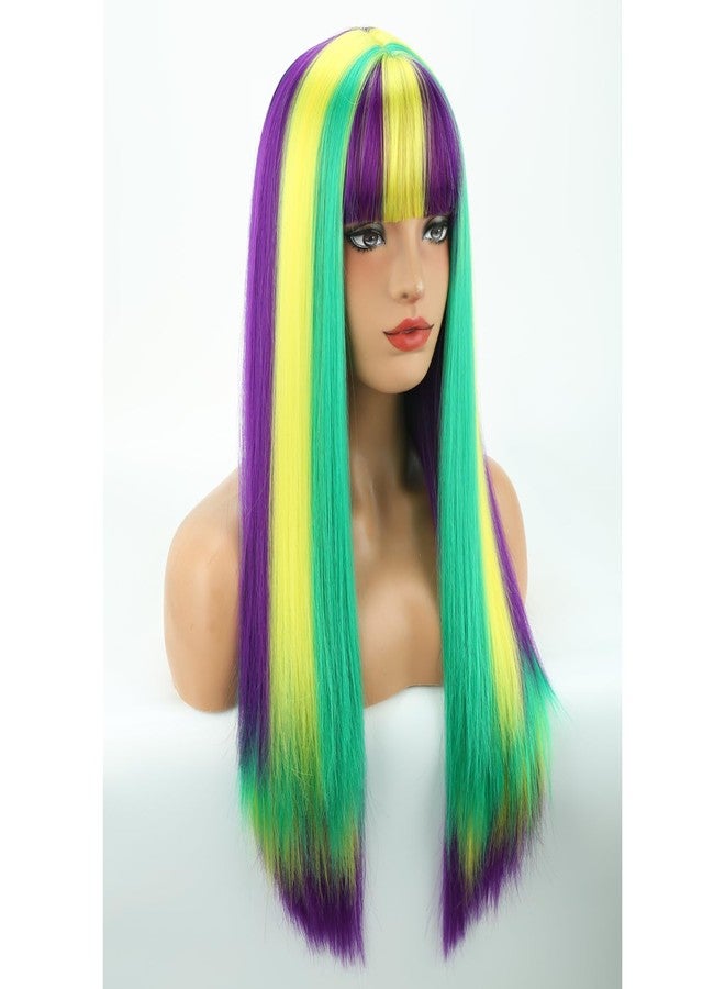MAGQOO Mardi Gras Wig Purple Green Yellow Wigs for Women Girls Long Straight Purple Blonde Green Wig with Bangs Cosplay Costume Halloween Party - Image 2