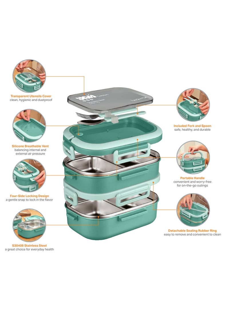 YAH Creation YAH Premium Stainless Steel Bento Lunch Box with Lunch Bag, 2-Layer Leakproof Food Container (1.65L) with Stainless Steel Cutlery & Insulated Thermal Bag, Durable & Stylish for Work & School. Light Green  - Image 2