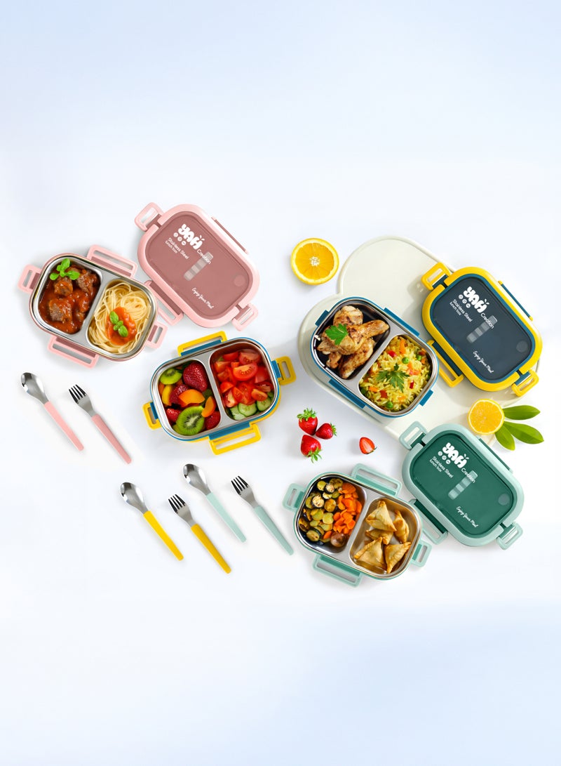 YAH Creation YAH Premium Stainless Steel Bento Lunch Box with Lunch Bag, 2-Layer Leakproof Food Container (1.65L) with Stainless Steel Cutlery & Insulated Thermal Bag, Durable & Stylish for Work & School. Light Green  - Image 4