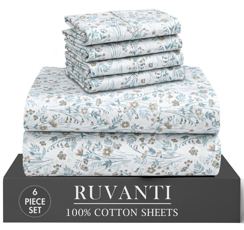 RUVANTI 6 Pcs Cotton Sheets - 100% Natural Cotton Soft, Lightweight & Breathable Crispy Percale Sheets, Full Size Bed Sheets 16" Deep Pockets, Fleur & Field - Image 1