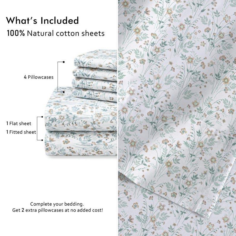 RUVANTI 6 Pcs Cotton Sheets - 100% Natural Cotton Soft, Lightweight & Breathable Crispy Percale Sheets, Full Size Bed Sheets 16" Deep Pockets, Fleur & Field - Image 4