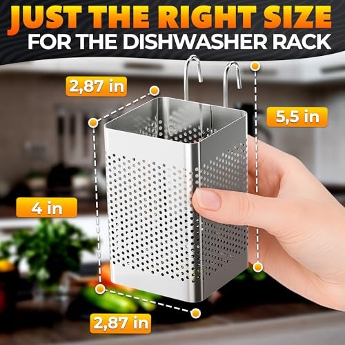 VIKROM Dishwasher Chopstick Basket – 2.87" x 2.87" x 4" Stainless Steel Utensil Holder | Rust-Resistant Perforated Caddy with Hooks for Organizing Chopsticks, Straws, Teaspoons, and Small Kitchen Tools - Image 2