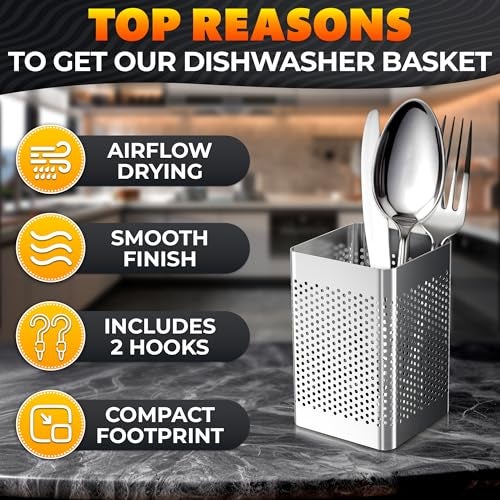 VIKROM Dishwasher Chopstick Basket – 2.87" x 2.87" x 4" Stainless Steel Utensil Holder | Rust-Resistant Perforated Caddy with Hooks for Organizing Chopsticks, Straws, Teaspoons, and Small Kitchen Tools - Image 4