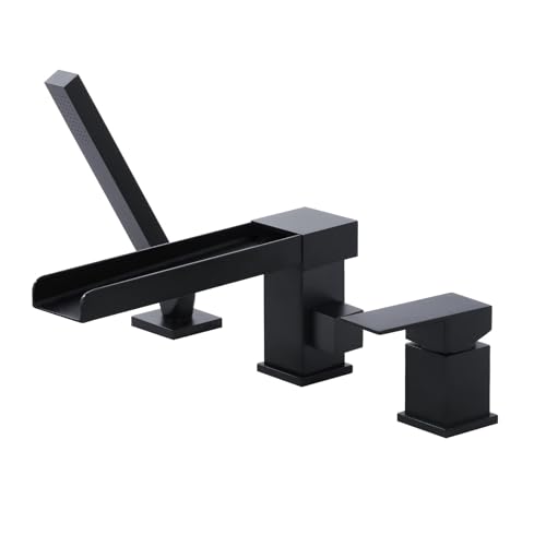 ALEASHA Waterfall Roman Tub Filler Faucet, Deck Mount Bathtub Filler with 360°Swivel Spout, 3 Holes Bathroom Tub Faucet with Sprayer, Matte Black - Image 1