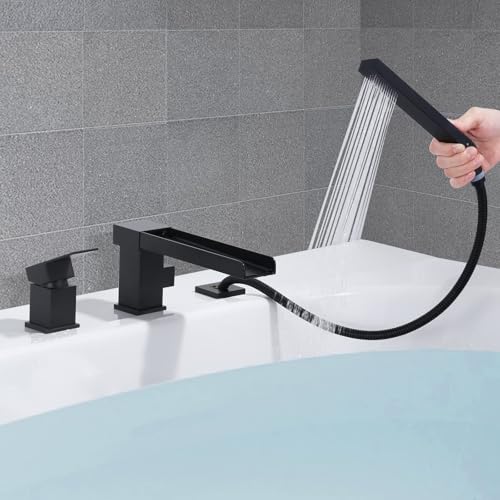 ALEASHA Waterfall Roman Tub Filler Faucet, Deck Mount Bathtub Filler with 360°Swivel Spout, 3 Holes Bathroom Tub Faucet with Sprayer, Matte Black - Image 4