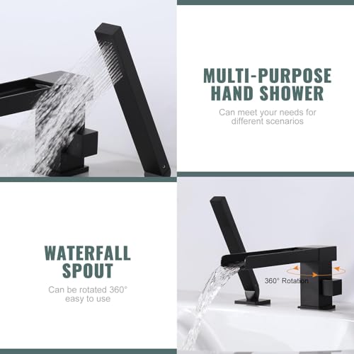 ALEASHA Waterfall Roman Tub Filler Faucet, Deck Mount Bathtub Filler with 360°Swivel Spout, 3 Holes Bathroom Tub Faucet with Sprayer, Matte Black - Image 3