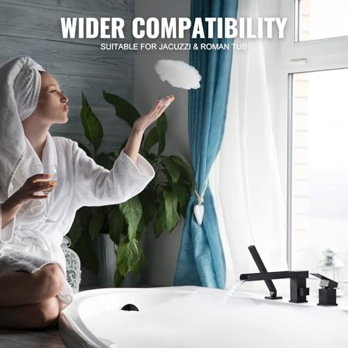 ALEASHA Waterfall Roman Tub Filler Faucet, Deck Mount Bathtub Filler with 360°Swivel Spout, 3 Holes Bathroom Tub Faucet with Sprayer, Matte Black - Image 5