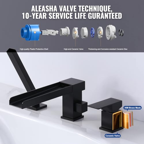 ALEASHA Waterfall Roman Tub Filler Faucet, Deck Mount Bathtub Filler with 360°Swivel Spout, 3 Holes Bathroom Tub Faucet with Sprayer, Matte Black - Image 2