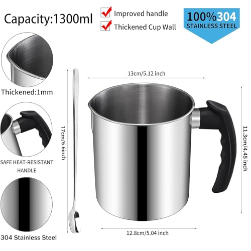DINGPAI Candle Making Pouring Pot, DINGPAI 44oz Double Boiler Wax Melting Pot, 1pc Spoon, 304 Stainless Steel Candle Making Pitcher, Silver Color with Heat-Resistant Handle and Dripless Pouring Spout Design - Image 2