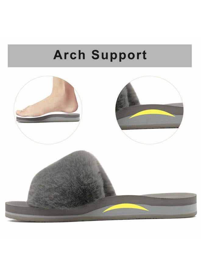 COFACE Womens Slippers with Arch Support Comfy Open Toe Fuzzy Woman House Shoes Plantar Fasciitis Orthotic Ladies Slippers Indoor, Grey, 8 - Image 5