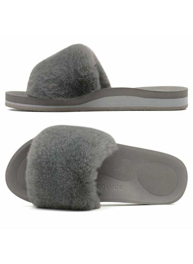 COFACE Womens Slippers with Arch Support Comfy Open Toe Fuzzy Woman House Shoes Plantar Fasciitis Orthotic Ladies Slippers Indoor, Grey, 8 - Image 1