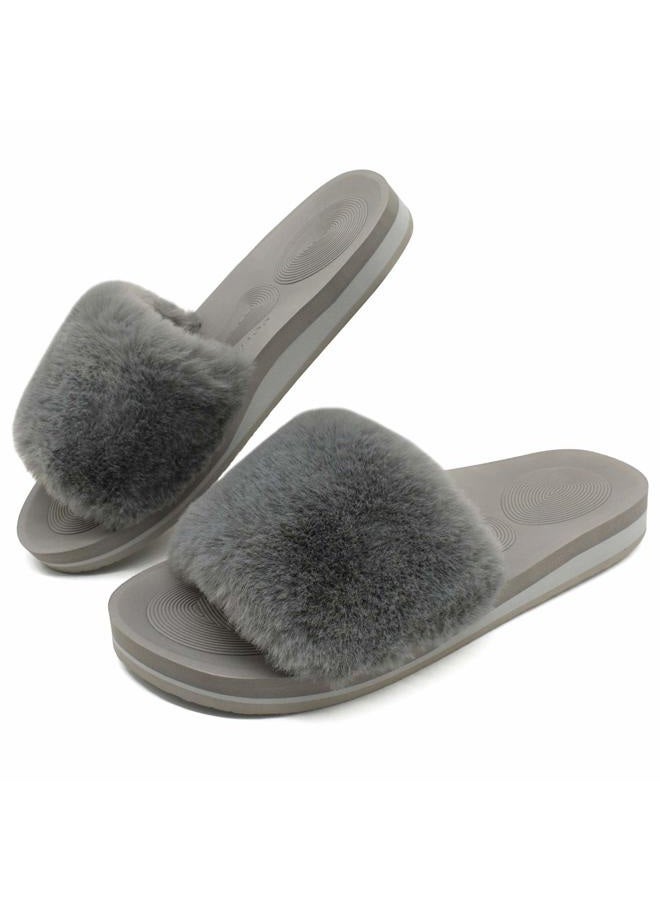 COFACE Womens Slippers with Arch Support Comfy Open Toe Fuzzy Woman House Shoes Plantar Fasciitis Orthotic Ladies Slippers Indoor, Grey, 8 - Image 3