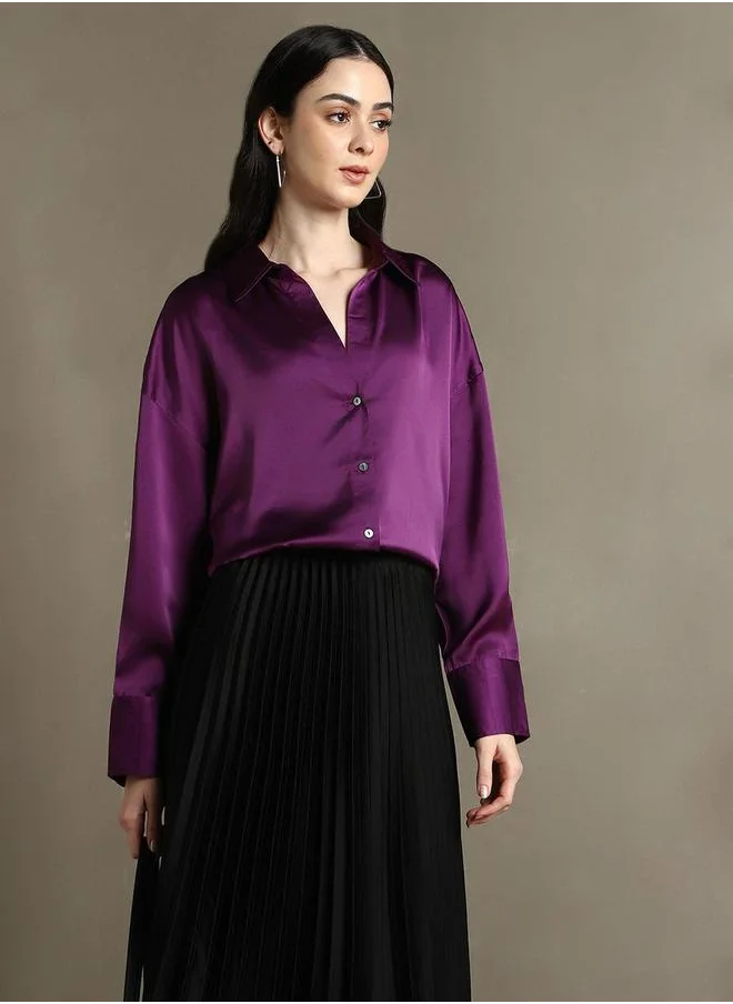 دينيس لينغو Purple Satin Relaxed Fit Casual Shirt