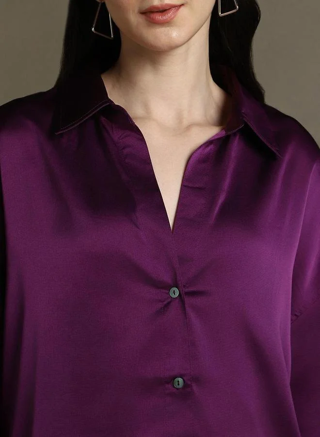 دينيس لينغو Purple Satin Relaxed Fit Casual Shirt by Styli