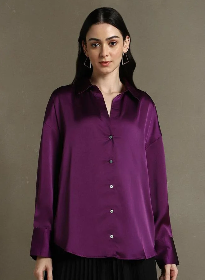 دينيس لينغو Purple Satin Relaxed Fit Casual Shirt by Styli