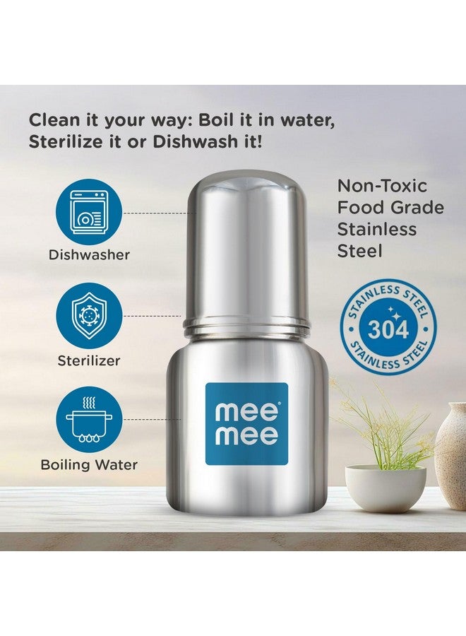 مي مي زجاجة رضاعة من الفولاذ للأطفال سعة 120 مل | زجاجة حليب للأطفال مع صمام متقدم مضاد للمغص، خالية من مادة البيسفينول أ، حلمة سيليكون ناعمة، رقبة واسعة للأطفال/الرضع/المواليد الجدد من عمر 0 إلى 2 سنة - Image 3