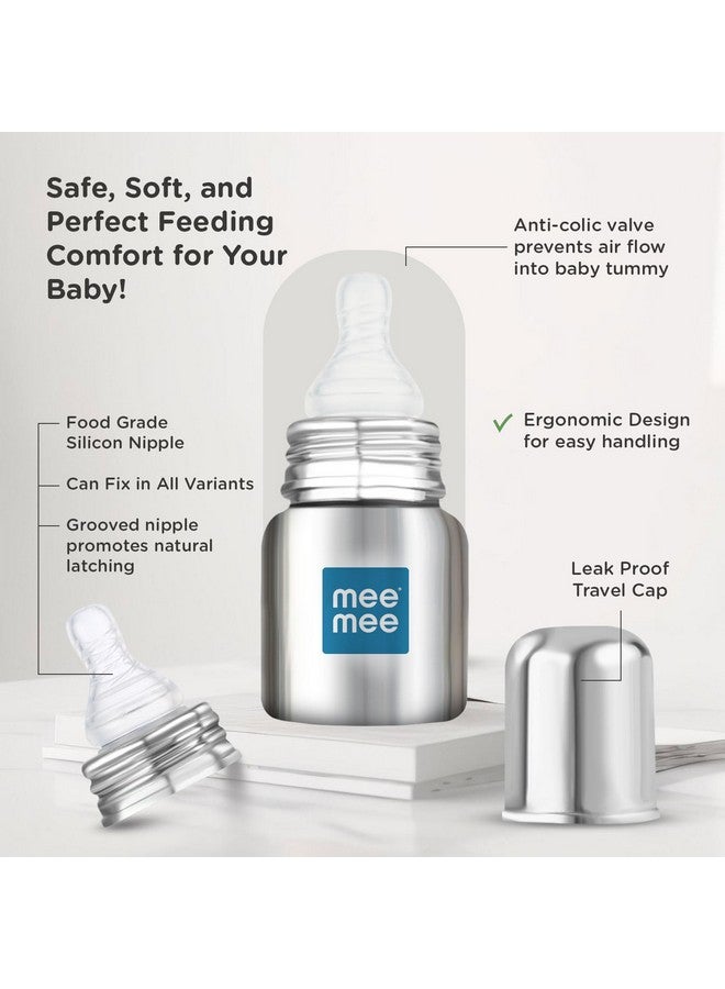مي مي زجاجة رضاعة من الفولاذ للأطفال سعة 120 مل | زجاجة حليب للأطفال مع صمام متقدم مضاد للمغص، خالية من مادة البيسفينول أ، حلمة سيليكون ناعمة، رقبة واسعة للأطفال/الرضع/المواليد الجدد من عمر 0 إلى 2 سنة - Image 2