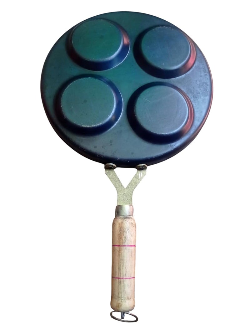 Jayam Traditional مقلاة جايام التقليدية الخشبية بمقبض واحد لصنع الأثابام 4 فتحات متعددة الوجبات وميني بان كيك مع مقبض خشبي باللون الأسود - Image 3
